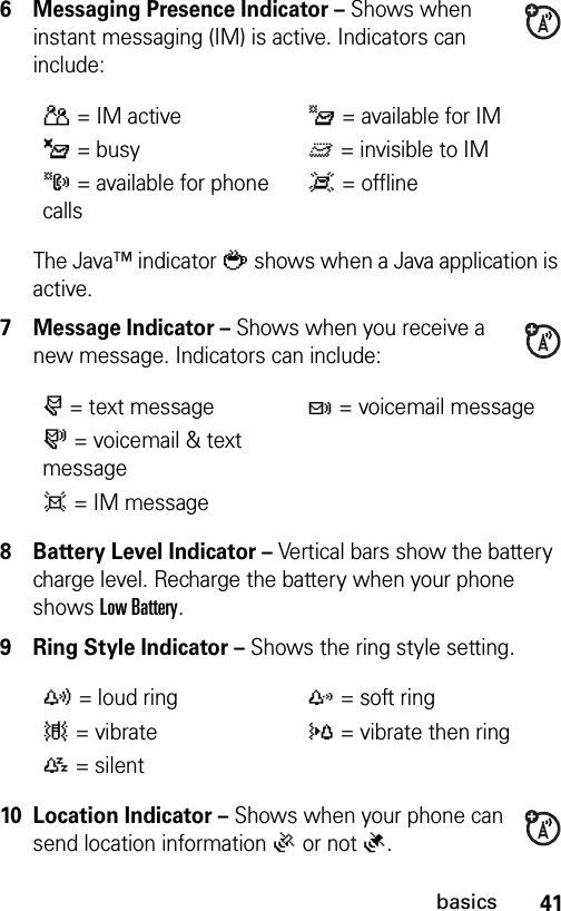 41basics6 Messaging Presence Indicator – Shows when instant messaging (IM) is active. Indicators can include:The Java™ indicator ` shows when a Java application is active.7 Message Indicator – Shows when you receive a new message. Indicators can include:8 Battery Level Indicator – Vertical bars show the battery charge level. Recharge the battery when your phone shows Low Battery.9 Ring Style Indicator – Shows the ring style setting.10 Location Indicator – Shows when your phone can send location information Ö or not Ñ.P= IM activeI= available for IM_= busyQ= invisible to IMJ= available for phone callsX= offliner= text messaget= voicemail messages= voicemail &amp; text messaged= IM messagey= loud ringz= soft ring|= vibrate}= vibrate then ring{= silent