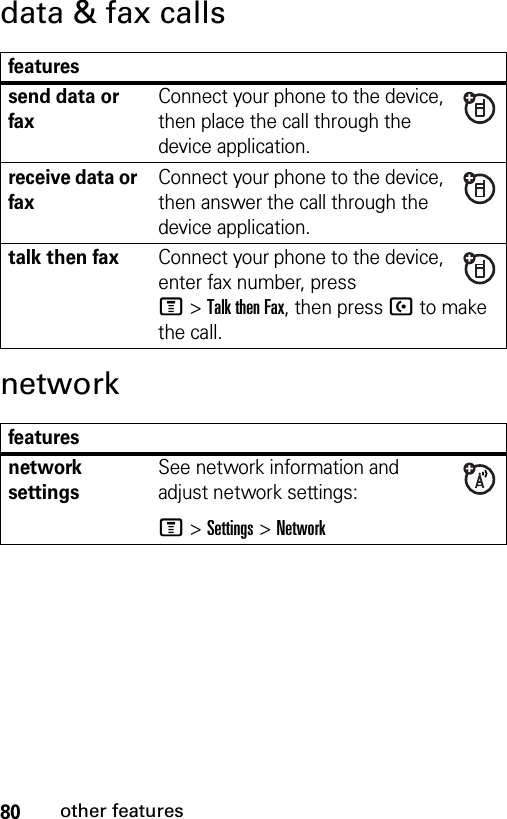 80other featuresdata &amp; fax callsnetworkfeaturessend data or faxConnect your phone to the device, then place the call through the device application.receive data or faxConnect your phone to the device, then answer the call through the device application.talk then faxConnect your phone to the device, enter fax number, press M&gt;Talk then Fax, then pressU to make the call.featuresnetwork settingsSee network information and adjust network settings:M &gt;Settings &gt;Network