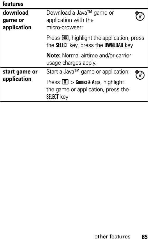 85other featuresdownload game or applicationDownload a Java™ game or application with the micro-browser:PressL, highlight the application, press the SELECTkey, press the DWNLOADkeyNote: Normal airtime and/or carrier usage charges apply.start game or applicationStart a Java™ game or application:PressM &gt;Games &amp; Apps, highlight the game or application, press the SELECTkeyfeatures