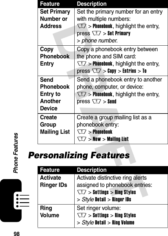 DRAFT 98Phone FeaturesPersonalizing FeaturesSet Primary Number or Address Set the primary number for an entry with multiple numbers:M &gt;Phonebook, highlight the entry, press M &gt;Set Primary &gt;phone number.Copy Phonebook Entry Copy a phonebook entry between the phone and SIM card:M &gt;Phonebook, highlight the entry, press M &gt;Copy &gt;Entries &gt;ToSend Phonebook Entry to Another Device Send a phonebook entry to another phone, computer, or device:M &gt;Phonebook, highlight the entry, press M &gt;SendCreate Group Mailing List Create a group mailing list as a phonebook entry:M &gt;PhonebookM &gt;New &gt;Mailing ListFeature DescriptionActivate Ringer IDs Activate distinctive ring alerts assigned to phonebook entries:M &gt;Settings &gt;Ring Styles &gt;StyleDetail &gt;Ringer IDsRing Volume Set ringer volume:M &gt;Settings &gt;Ring Styles &gt;StyleDetail &gt;Ring VolumeFeature Description