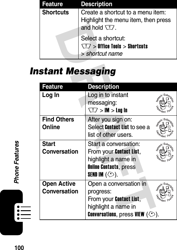 DRAFT 100Phone FeaturesInstant MessagingShortcuts  Create a shortcut to a menu item:Highlight the menu item, then press and hold M.Select a shortcut:M &gt;Office Tools &gt;Shortcuts &gt;shortcut nameFeature DescriptionLog In  Log in to instant messaging:M &gt;IM &gt;Log InFind Others OnlineAfter you sign on:Select Contact List to see a list of other users.Start ConversationStart a conversation:From your Contact List, highlight a name in Online Contacts, press SEND IM(+).Open Active ConversationOpen a conversation in progress:From your Contact List, highlight a name in Conversations, press VIEW(+).Feature Description032380o032380o032380o032380o