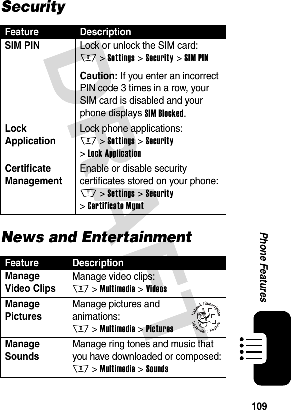 DRAFT 109Phone FeaturesSecurityNews and EntertainmentFeature DescriptionSIM PIN  Lock or unlock the SIM card:M &gt;Settings &gt;Security &gt;SIM PINCaution: If you enter an incorrect PIN code 3 times in a row, your SIM card is disabled and your phone displays SIM Blocked.Lock Application Lock phone applications:M &gt;Settings &gt;Security &gt;Lock ApplicationCertificate Management Enable or disable security certificates stored on your phone:M &gt;Settings &gt;Security &gt;Certificate MgmtFeature DescriptionManage Video Clips Manage video clips:M &gt;Multimedia &gt;VideosManage Pictures Manage pictures and animations:M &gt;Multimedia &gt;PicturesManage Sounds Manage ring tones and music that you have downloaded or composed:M &gt;Multimedia &gt;Sounds032380o