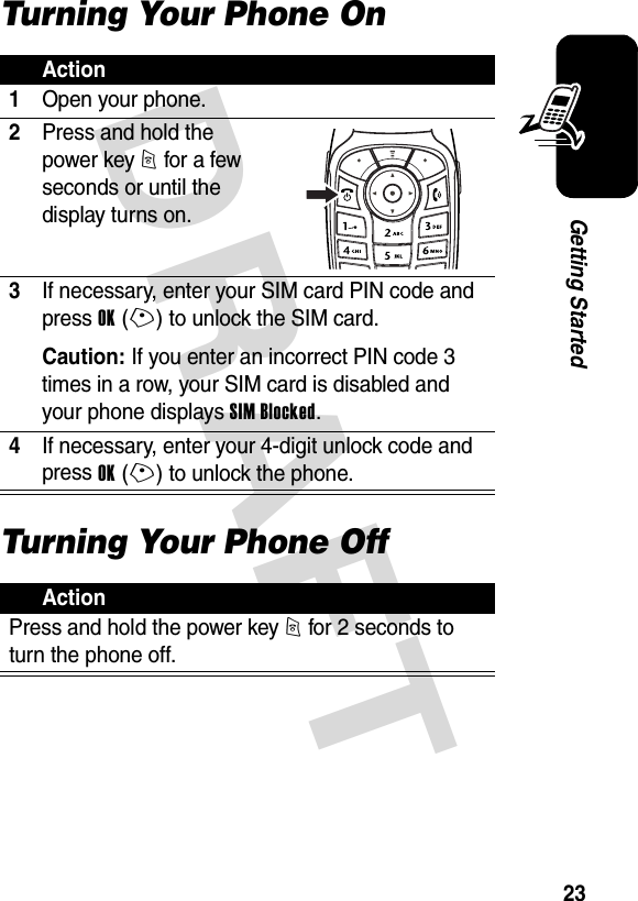 DRAFT 23Getting StartedTurning Your Phone OnTurning Your Phone OffAction1Open your phone.2Press and hold the power key P for a few seconds or until the display turns on.3If necessary, enter your SIM card PIN code and press OK(+) to unlock the SIM card.Caution: If you enter an incorrect PIN code 3 times in a row, your SIM card is disabled and your phone displays SIM Blocked.4If necessary, enter your 4-digit unlock code and press OK(+) to unlock the phone.ActionPress and hold the power key P for 2 seconds to turn the phone off.