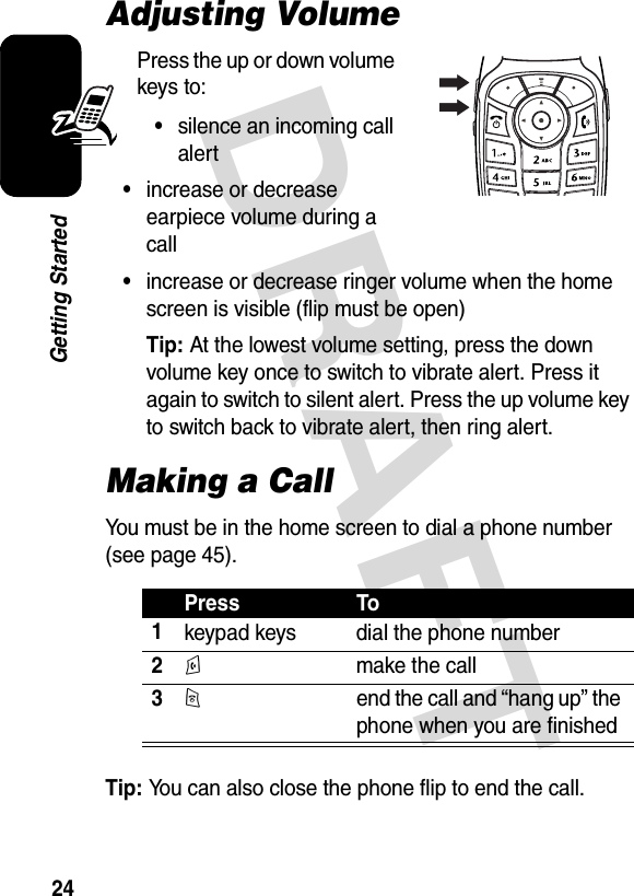 DRAFT 24Getting StartedAdjusting VolumePress the up or down volume keys to:•silence an incoming call alert•increase or decrease earpiece volume during a call•increase or decrease ringer volume when the home screen is visible (flip must be open)Tip: At the lowest volume setting, press the down volume key once to switch to vibrate alert. Press it again to switch to silent alert. Press the up volume key to switch back to vibrate alert, then ring alert.Making a CallYou must be in the home screen to dial a phone number (see page 45).Tip: You can also close the phone flip to end the call.Press To1keypad keys dial the phone number2N  make the call3O  end the call and “hang up” the phone when you are finished