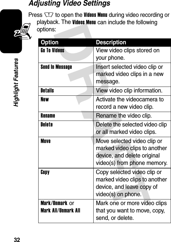 DRAFT 32Highlight FeaturesAdjusting Video SettingsPress M to open the Videos Menu during video recording or playback. The Videos Menu can include the following options:Option DescriptionGo To Videos  View video clips stored on your phone.Send In Message  Insert selected video clip or marked video clips in a new message.Details  View video clip information.New  Activate the videocamera to record a new video clip.Rename  Rename the video clip.Delete  Delete the selected video clip or all marked video clips.Move  Move selected video clip or marked video clips to another device, and delete original video(s) from phone memory.Copy  Copy selected video clip or marked video clips to another device, and leave copy of video(s) on phone.Mark/Unmark or Mark All/Unmark AllMark one or more video clips that you want to move, copy, send, or delete.