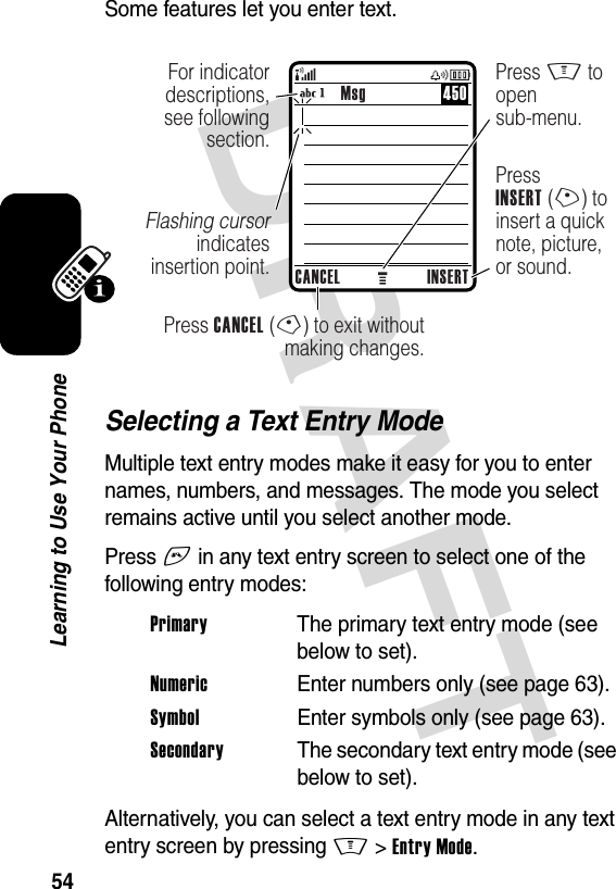 DRAFT 54Learning to Use Your PhoneSome features let you enter text.Selecting a Text Entry ModeMultiple text entry modes make it easy for you to enter names, numbers, and messages. The mode you select remains active until you select another mode.Press # in any text entry screen to select one of the following entry modes:Alternatively, you can select a text entry mode in any text entry screen by pressing M&gt;Entry Mode.Primary  The primary text entry mode (see below to set).Numeric  Enter numbers only (see page 63).Symbol  Enter symbols only (see page 63).Secondary  The secondary text entry mode (see below to set).Msg 450CANCEL INSERTPress CANCEL (-) to exit without making changes.PressINSERT (+) to insert a quick note, picture, or sound.For indicator descriptions, see following section.Flashing cursor indicates insertion point.Press M to opensub-menu.