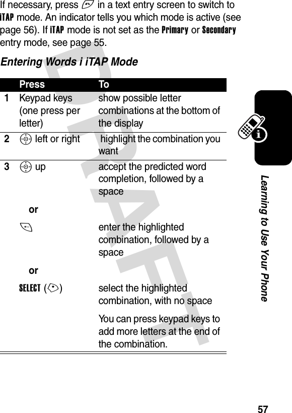 DRAFT 57Learning to Use Your PhoneIf necessary, press # in a text entry screen to switch to iTAP mode. An indicator tells you which mode is active (see page 56). If iTAP mode is not set as the Primary or Secondary entry mode, see page 55.Entering Words i iTAP ModePress To1Keypad keys (one press per letter)show possible letter combinations at the bottom of the display2S left or right  highlight the combination you want3S upor* orSELECT(+)accept the predicted word completion, followed by a spaceenter the highlighted combination, followed by a spaceselect the highlighted combination, with no spaceYou can press keypad keys to add more letters at the end of the combination.