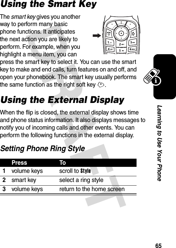 DRAFT 65Learning to Use Your PhoneUsing the Smart KeyThe smart key gives you another way to perform many basic phone functions. It anticipates the next action you are likely to perform. For example, when you highlight a menu item, you can press the smart key to select it. You can use the smart key to make and end calls, turn features on and off, and open your phonebook. The smart key usually performs the same function as the right soft key+.Using the External DisplayWhen the flip is closed, the external display shows time and phone status information. It also displays messages to notify you of incoming calls and other events. You can perform the following functions in the external display.Setting Phone Ring StylePress To1volume keys scroll to Style2smart key select a ring style3volume keys return to the home screen