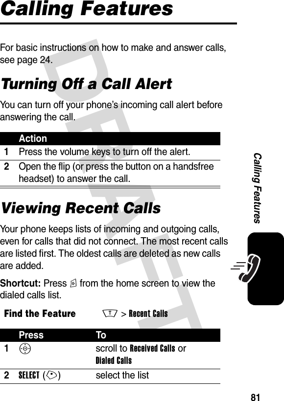 DRAFT 81Calling FeaturesCalling FeaturesFor basic instructions on how to make and answer calls, see page 24.Turning Off a Call AlertYou can turn off your phone’s incoming call alert before answering the call.Viewing Recent CallsYour phone keeps lists of incoming and outgoing calls, even for calls that did not connect. The most recent calls are listed first. The oldest calls are deleted as new calls are added.Shortcut: Press N from the home screen to view the dialed calls list.Action1Press the volume keys to turn off the alert.2Open the flip (or press the button on a handsfree headset) to answer the call.Find the FeatureM&gt;Recent CallsPress To1S scroll to Received Calls or Dialed Calls2SELECT(+) select the list