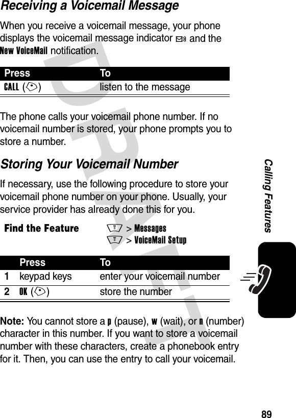 DRAFT 89Calling FeaturesReceiving a Voicemail MessageWhen you receive a voicemail message, your phone displays the voicemail message indicator t and the New VoiceMail notification.The phone calls your voicemail phone number. If no voicemail number is stored, your phone prompts you to store a number.Storing Your Voicemail NumberIf necessary, use the following procedure to store your voicemail phone number on your phone. Usually, your service provider has already done this for you.Note: You cannot store a p (pause), w (wait), or n (number) character in this number. If you want to store a voicemail number with these characters, create a phonebook entry for it. Then, you can use the entry to call your voicemail.Press ToCALL(+) listen to the messageFind the FeatureM&gt;MessagesM&gt;VoiceMail SetupPress To1keypad keys enter your voicemail number2OK(+) store the number