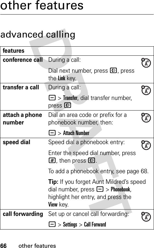 66other featuresother featuresadvanced callingfeaturesconference callDuring a call:Dial next number, press N, press the Linkkey.transfer a callDuring a call:- &gt;Transfer, dial transfer number, press Nattach a phone numberDial an area code or prefix for a phonebook number, then:- &gt;Attach Numberspeed dialSpeed dial a phonebook entry:Enter the speed dial number, press #, then press N.To add a phonebook entry, see page 68.Tip: If you forget Aunt Mildred’s speed dial number, press -&gt;Phonebook, highlight her entry, and press the Viewkey.call forwardingSet up or cancel call forwarding:- &gt;Settings &gt;Call Forward