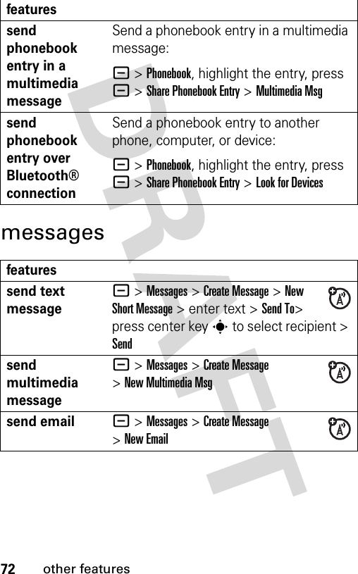 72other featuresmessagessend phonebook entry in a multimedia messageSend a phonebook entry in a multimedia message:- &gt;Phonebook, highlight the entry, press - &gt;Share Phonebook Entry &gt;Multimedia Msgsend phonebook entry over Bluetooth® connectionSend a phonebook entry to another phone, computer, or device:- &gt;Phonebook, highlight the entry, press - &gt;Share Phonebook Entry &gt;Look for Devicesfeaturessend text message- &gt;Messages &gt;Create Message &gt;New Short Message &gt; enter text &gt;Send To&gt; press center key s to select recipient &gt; Sendsend multimedia message- &gt;Messages &gt;Create Message &gt;New Multimedia Msgsend email- &gt;Messages &gt;Create Message &gt;New Emailfeatures