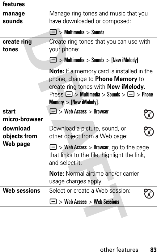 83other featuresmanage soundsManage ring tones and music that you have downloaded or composed:- &gt;Multimedia &gt;Soundscreate ring tones Create ring tones that you can use with your phone:- &gt;Multimedia &gt;Sounds &gt;[New iMelody]Note: If a memory card is installed in the phone, change to Phone Memory to create ring tones with New iMelody. Press - &gt;Multimedia &gt;Sounds &gt; - &gt;Phone Memory &gt;[New iMelody].start micro-browser- &gt;Web Access &gt;Browserdownload objects from Web pageDownload a picture, sound, or other object from a Web page:- &gt;Web Access &gt;Browser, go to the page that links to the file, highlight the link, and select it.Note: Normal airtime and/or carrier usage charges apply.Web sessions Select or create a Web session:- &gt;Web Access &gt;Web Sessionsfeatures