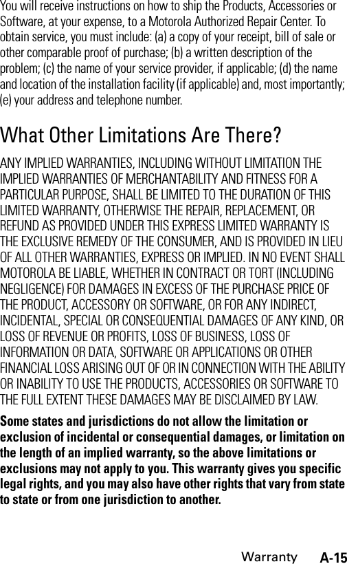 A-15WarrantyYou will receive instructions on how to ship the Products, Accessories or Software, at your expense, to a Motorola Authorized Repair Center. To obtain service, you must include: (a) a copy of your receipt, bill of sale or other comparable proof of purchase; (b) a written description of the problem; (c) the name of your service provider, if applicable; (d) the name and location of the installation facility (if applicable) and, most importantly; (e) your address and telephone number.What Other Limitations Are There?ANY IMPLIED WARRANTIES, INCLUDING WITHOUT LIMITATION THE IMPLIED WARRANTIES OF MERCHANTABILITY AND FITNESS FOR A PARTICULAR PURPOSE, SHALL BE LIMITED TO THE DURATION OF THIS LIMITED WARRANTY, OTHERWISE THE REPAIR, REPLACEMENT, OR REFUND AS PROVIDED UNDER THIS EXPRESS LIMITED WARRANTY IS THE EXCLUSIVE REMEDY OF THE CONSUMER, AND IS PROVIDED IN LIEU OF ALL OTHER WARRANTIES, EXPRESS OR IMPLIED. IN NO EVENT SHALL MOTOROLA BE LIABLE, WHETHER IN CONTRACT OR TORT (INCLUDING NEGLIGENCE) FOR DAMAGES IN EXCESS OF THE PURCHASE PRICE OF THE PRODUCT, ACCESSORY OR SOFTWARE, OR FOR ANY INDIRECT, INCIDENTAL, SPECIAL OR CONSEQUENTIAL DAMAGES OF ANY KIND, OR LOSS OF REVENUE OR PROFITS, LOSS OF BUSINESS, LOSS OF INFORMATION OR DATA, SOFTWARE OR APPLICATIONS OR OTHER FINANCIAL LOSS ARISING OUT OF OR IN CONNECTION WITH THE ABILITY OR INABILITY TO USE THE PRODUCTS, ACCESSORIES OR SOFTWARE TO THE FULL EXTENT THESE DAMAGES MAY BE DISCLAIMED BY LAW.Some states and jurisdictions do not allow the limitation or exclusion of incidental or consequential damages, or limitation on the length of an implied warranty, so the above limitations or exclusions may not apply to you. This warranty gives you specific legal rights, and you may also have other rights that vary from state to state or from one jurisdiction to another.