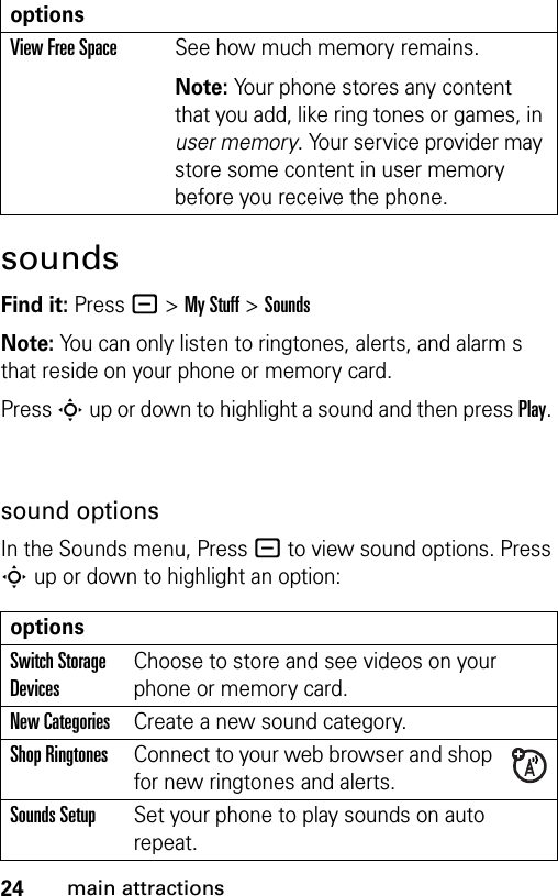 24main attractionssoundsFind it: Press -&gt;My Stuff &gt;SoundsNote: You can only listen to ringtones, alerts, and alarm s that reside on your phone or memory card.Press S up or down to highlight a sound and then press Play. sound optionsIn the Sounds menu, Press - to view sound options. Press S up or down to highlight an option:View Free SpaceSee how much memory remains.Note: Your phone stores any content that you add, like ring tones or games, in user memory. Your service provider may store some content in user memory before you receive the phone.optionsSwitch Storage DevicesChoose to store and see videos on your phone or memory card.New CategoriesCreate a new sound category.Shop RingtonesConnect to your web browser and shop for new ringtones and alerts.Sounds SetupSet your phone to play sounds on auto repeat.options