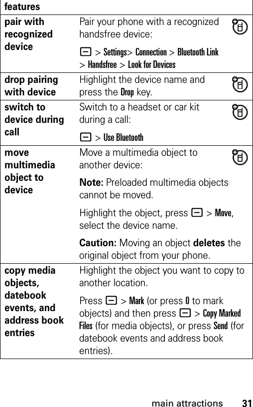 31main attractionspair with recognized devicePair your phone with a recognized handsfree device:- &gt;Settings&gt;Connection &gt;Bluetooth Link &gt;Handsfree &gt;Look for Devicesdrop pairing with deviceHighlight the device name and press the Dropkey.switch to device during callSwitch to a headset or car kit during a call:- &gt;Use Bluetoothmove multimedia object to deviceMove a multimedia object to another device:Note: Preloaded multimedia objects cannot be moved.Highlight the object, press - &gt;Move, select the device name.Caution: Moving an object deletes the original object from your phone.copy media objects, datebook events, and address book entriesHighlight the object you want to copy to another location.Press - &gt; Mark (or press 0 to mark objects) and then press - &gt; Copy Marked Files (for media objects), or press Send (for datebook events and address book entries).features