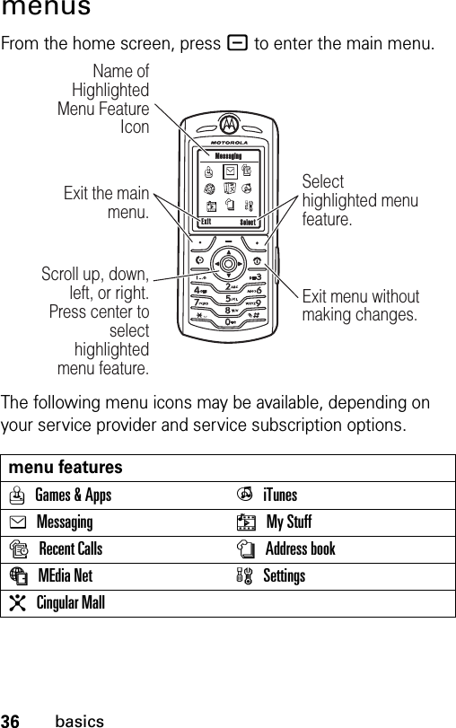 36basicsmenusFrom the home screen, press - to enter the main menu.The following menu icons may be available, depending on your service provider and service subscription options.menu featuresQGames &amp; Apps  iiTunes eMessaging hMy StuffsRecent Calls nAddress bookáMEdia Net  wSettings$Cingular Mall Exit SelectMessagingScroll up, down, left, or right. Press center to select highlighted  menu feature.Exit the main menu.Name of Highlighted Menu Feature IconSelect highlighted menu feature.Exit menu without making changes.