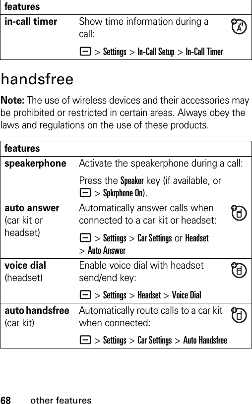 68other featureshandsfreeNote: The use of wireless devices and their accessories may be prohibited or restricted in certain areas. Always obey the laws and regulations on the use of these products. in-call timerShow time information during a call:- &gt;Settings &gt;In-Call Setup &gt;In-Call TimerfeaturesspeakerphoneActivate the speakerphone during a call:Press the Speakerkey (if available, or -&gt;Spkrphone On).auto answer (car kit or headset)Automatically answer calls when connected to a car kit or headset:-&gt;Settings &gt;Car Settings or Headset &gt;Auto Answervoice dial (headset)Enable voice dial with headset send/end key:-&gt;Settings &gt;Headset &gt;Voice Dialauto handsfree (car kit)Automatically route calls to a car kit when connected:-&gt;Settings &gt;Car Settings &gt;Auto Handsfreefeatures