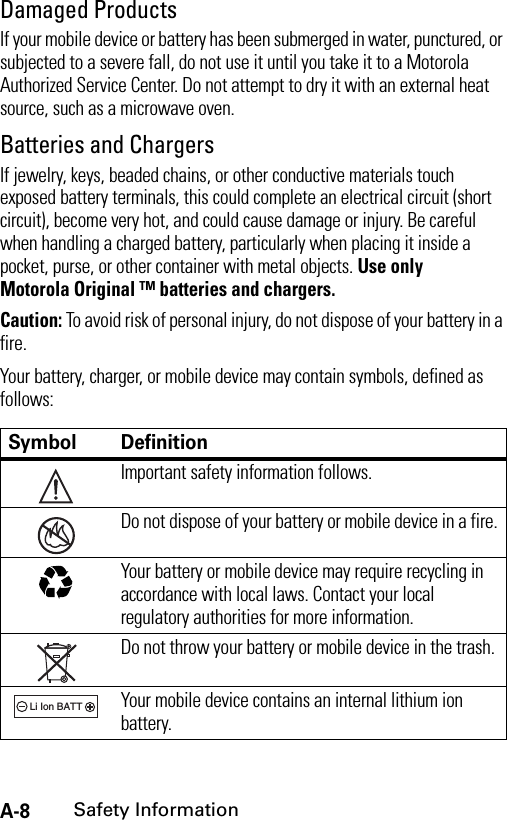 A-8Safety InformationDamaged ProductsIf your mobile device or battery has been submerged in water, punctured, or subjected to a severe fall, do not use it until you take it to a Motorola Authorized Service Center. Do not attempt to dry it with an external heat source, such as a microwave oven.Batteries and ChargersIf jewelry, keys, beaded chains, or other conductive materials touch exposed battery terminals, this could complete an electrical circuit (short circuit), become very hot, and could cause damage or injury. Be careful when handling a charged battery, particularly when placing it inside a pocket, purse, or other container with metal objects. Use only Motorola Original ™ batteries and chargers.Caution: To avoid risk of personal injury, do not dispose of your battery in a fire.Your battery, charger, or mobile device may contain symbols, defined as follows:Symbol DefinitionImportant safety information follows.Do not dispose of your battery or mobile device in a fire.Your battery or mobile device may require recycling in accordance with local laws. Contact your local regulatory authorities for more information.Do not throw your battery or mobile device in the trash.Your mobile device contains an internal lithium ion battery.032374o032376o032375o032377o032378oLi Ion BATT