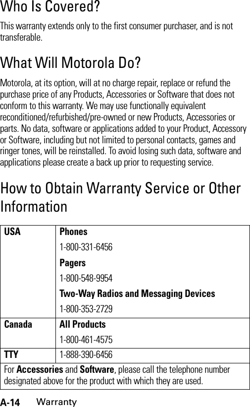 A-14WarrantyWho Is Covered?This warranty extends only to the first consumer purchaser, and is not transferable.What Will Motorola Do?Motorola, at its option, will at no charge repair, replace or refund the purchase price of any Products, Accessories or Software that does not conform to this warranty. We may use functionally equivalent reconditioned/refurbished/pre-owned or new Products, Accessories or parts. No data, software or applications added to your Product, Accessory or Software, including but not limited to personal contacts, games and ringer tones, will be reinstalled. To avoid losing such data, software and applications please create a back up prior to requesting service.How to Obtain Warranty Service or Other InformationUSA Phones1-800-331-6456Pagers1-800-548-9954Two-Way Radios and Messaging Devices1-800-353-2729Canada All Products1-800-461-4575TTY1-888-390-6456For Accessories and Software, please call the telephone number designated above for the product with which they are used.