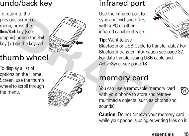 15essentialsundo/back keyTo return to the previous screen or menu, press the Undo/Back key (see graphic) or use the Back key (À) on the keypad. thumb wheelTo display a list of options on the Home Screen, use the thumb wheel to scroll through the menu. infrared portUse the infrared port to sync and exchange files with a PC or other infrared capable device. Tip: Want to use Bluetooth or USB Cable to transfer data? For Bluetooth transfer information see page 37. For data transfer using USB cable and ActiveSync, see page 18.memory cardYou can use a removable memory card with your phone to store and retrieve multimedia objects (such as photos and sounds).Caution: Do not remove your memory card while your phone is using or writing files on it. 