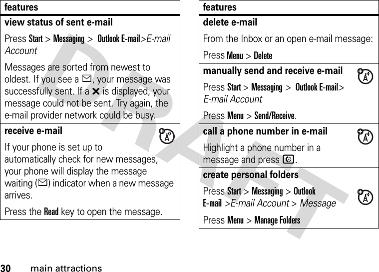 30main attractionsview status of sent e-mailPress Start &gt; Messaging &gt; Outlook E-mail&gt;E-mail AccountMessages are sorted from newest to oldest. If you see a e, your message was successfully sent. If a &gt; is displayed, your message could not be sent. Try again, the e-mail provider network could be busy.receive e-mailIf your phone is set up to automatically check for new messages, your phone will display the message waiting (e) indicator when a new message arrives.Press the Read key to open the message.featuresdelete e-mailFrom the Inbox or an open e-mail message:Press Menu &gt; Deletemanually send and receive e-mailPress Start &gt; Messaging &gt; Outlook E-mail&gt; E-mail AccountPress Menu &gt; Send/Receive. call a phone number in e-mailHighlight a phone number in a message and pressN.create personal foldersPress Start &gt; Messaging &gt; Outlook E-mail&gt;E-mail Account &gt; Message Press Menu &gt; Manage Folders features