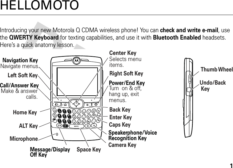 1HELLOMOTOIntroducing your new Motorola Q CDMA wireless phone! You can check and write e-mail, use the QWERTY Keyboard for texting capabilities, and use it with Bluetooth Enabled headsets. Here’s a quick anatomy lesson.Left Soft KeyNavigate menus.Center KeySelects menuitems.Make &amp; answer calls.Camera KeyThumb WheelHome KeyTurn  on &amp; off,hang up, exit menus.Right Soft KeyUndo/Back KeyMicrophoneALT KeyEnter Key Space KeyCaps Key Back KeyPower/End KeyCall/Answer KeyNavigation KeyMessage/DisplayOff KeySpeakerphone/VoiceRecognition Key