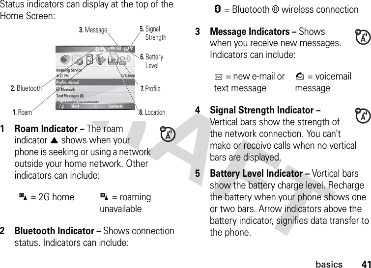 41basicsStatus indicators can display at the top of the Home Screen: 1Roam Indicator – The roam indicator ã shows when your phone is seeking or using a network outside your home network. Other indicators can include:2 Bluetooth Indicator – Shows connection status. Indicators can include:3 Message Indicators – Shows when you receive new messages. Indicators can include:4 Signal Strength Indicator – Vertical bars show the strength of the network connection. You can’t make or receive calls when no vertical bars are displayed.5 Battery Level Indicator – Vertical bars show the battery charge level. Recharge the battery when your phone shows one or two bars. Arrow indicators above the battery indicator, signifies data transfer to the phone.)= 2G home+= roaming unavailableQC 6.BatteryLevel7.Profile 2. Bluetooth8.Location 5. Signal Strength 1. Roam 3. MessageE= Bluetooth ® wireless connectionC= new e-mail or text messageB= voicemail message