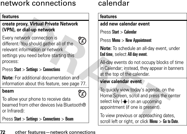 72other features—network connectionsnetwork connections calendarfeaturescreate proxy, Virtual Private Network (VPN), or dial-up network Every network connection is different. You should gather all of the relevant information or network settings you need before starting this process:Press Start &gt;Settings &gt;ConnectionsNote: For additional documentation and information about this feature, see page 77.beam To allow your phone to receive data beamed from other devices (via Bluetooth® or Infrared):Press Start &gt;Settings &gt;Connections &gt; Beam featuresadd new calendar event Press Start &gt;CalendarPress Menu &gt; New AppointmentNote: To schedule an all-day event, under End time, select All day event.All-day events do not occupy blocks of time in Calendar; instead, they appear in banners at the top of the calendar.view calendar eventTo quickly view today&apos;s agenda, on the Home Screen, scroll and press the center select key (s) on an upcoming appointment (if one is present).To view previous or approaching dates, scroll left or right, or click Menu &gt; Go to Date.