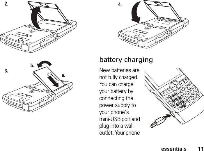 11essentialsbattery chargingNew batteries are not fully charged. You can charge your battery by connecting the power supply to your phone&apos;s mini-USB port and plug into a wall outlet. Your phone 2.3. a.b.4.