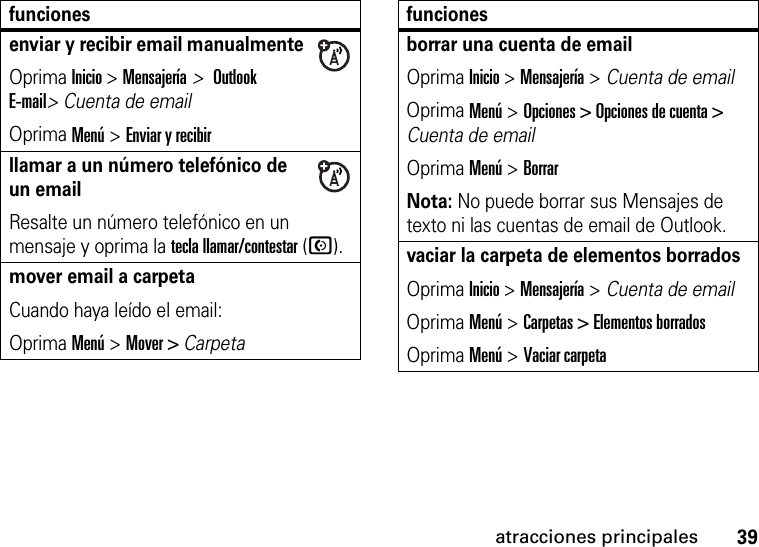 39atracciones principalesenviar y recibir email manualmenteOprima Inicio &gt; Mensajería &gt; Outlook E-mail&gt; Cuenta de emailOprima Menú &gt; Enviar y recibirllamar a un número telefónico de un emailResalte un número telefónico en un mensaje y oprima la tecla llamar/contestar (N).mover email a carpetaCuando haya leído el email:Oprima Menú &gt; Mover &gt; Carpetafuncionesborrar una cuenta de emailOprima Inicio &gt; Mensajería &gt; Cuenta de emailOprima Menú &gt; Opciones &gt; Opciones de cuenta &gt; Cuenta de emailOprima Menú &gt; BorrarNota: No puede borrar sus Mensajes de texto ni las cuentas de email de Outlook.vaciar la carpeta de elementos borradosOprima Inicio &gt; Mensajería &gt; Cuenta de emailOprima Menú &gt; Carpetas &gt; Elementos borradosOprima Menú &gt; Vaciar carpetafunciones