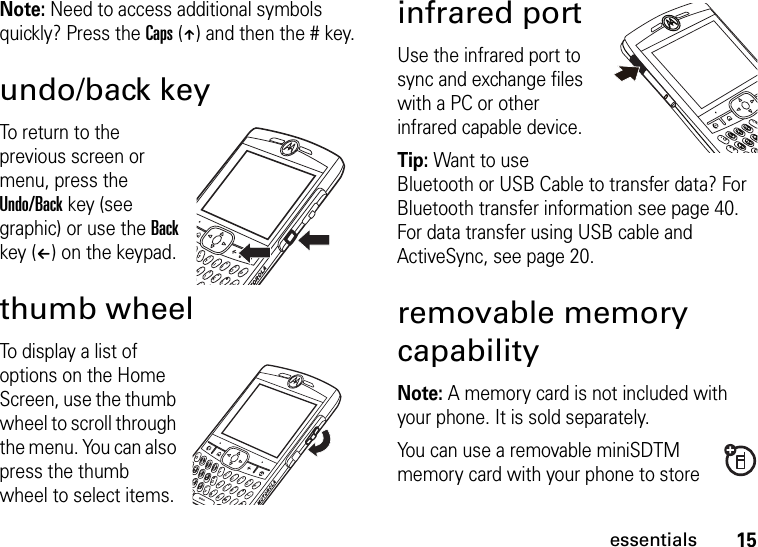 15essentialsNote: Need to access additional symbols quickly? Press the Caps (Â) and then the # key.undo/back keyTo return to the previous screen or menu, press the Undo/Back key (see graphic) or use the Back key (À) on the keypad. thumb wheelTo display a list of options on the Home Screen, use the thumb wheel to scroll through the menu. You can also press the thumb wheel to select items.infrared portUse the infrared port to sync and exchange files with a PC or other infrared capable device. Tip: Want to use Bluetooth or USB Cable to transfer data? For Bluetooth transfer information see page 40. For data transfer using USB cable and ActiveSync, see page 20.removable memory capabilityNote: A memory card is not included with your phone. It is sold separately.You can use a removable miniSDTM memory card with your phone to store 