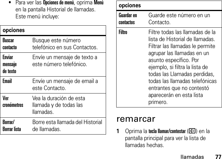 77llamadas•Para ver las Opciones de menú, oprima Menú en la pantalla Historial de llamadas. Este menú incluye:remarcar  1Oprima la tecla llamar/contestar (N) en la pantalla principal para ver la lista de llamadas hechas.opcionesBuscar contactoBusque este número telefónico en sus Contactos.Enviar mensaje de textoEnvíe un mensaje de texto a este número telefónico.EmailEnvíe un mensaje de email a este Contacto.Ver cronómetrosVea la duración de esta llamada y de todas las llamadas.Borrar/Borrar listaBorre esta llamada del Historial de llamadas.Guardar en contactosGuarde este número en un Contacto.FiltroFiltre todas las llamadas de la lista de Historial de llamadas. Filtrar las llamadas le permite agrupar las llamadas en un asunto específico. Por ejemplo, si filtra la lista de todas las Llamadas perdidas, todas las llamadas telefónicas entrantes que no contestó aparecerán en esta lista primero.opciones