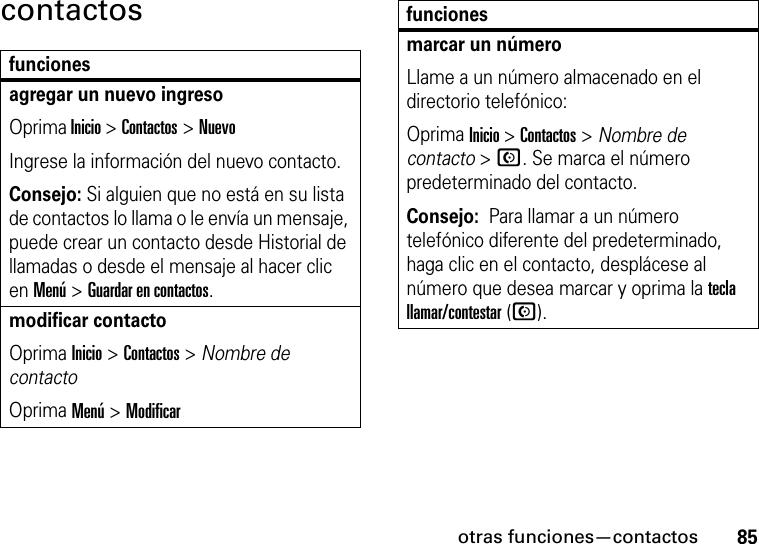 otras funciones—contactos85contactosfuncionesagregar un nuevo ingresoOprima Inicio &gt;Contactos&gt;NuevoIngrese la información del nuevo contacto.Consejo: Si alguien que no está en su lista de contactos lo llama o le envía un mensaje, puede crear un contacto desde Historial de llamadas o desde el mensaje al hacer clic en Menú &gt; Guardar en contactos.modificar contactoOprima Inicio &gt; Contactos &gt; Nombre de contactoOprima Menú &gt; Modificarmarcar un númeroLlame a un número almacenado en el directorio telefónico:Oprima Inicio &gt;Contactos&gt;Nombre de contacto &gt; N. Se marca el número predeterminado del contacto.Consejo:  Para llamar a un número telefónico diferente del predeterminado, haga clic en el contacto, desplácese al número que desea marcar y oprima la tecla llamar/contestar (N).funciones