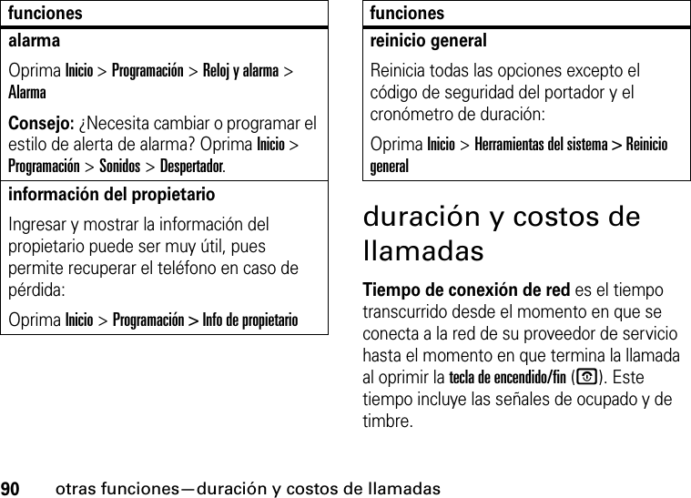 90otras funciones—duración y costos de llamadasduración y costos de llamadasTiempo de conexión de red es el tiempo transcurrido desde el momento en que se conecta a la red de su proveedor de servicio hasta el momento en que termina la llamada al oprimir la tecla de encendido/fin (O). Este tiempo incluye las señales de ocupado y de timbre.alarmaOprima Inicio &gt; Programación &gt; Reloj y alarma &gt; AlarmaConsejo: ¿Necesita cambiar o programar el estilo de alerta de alarma? Oprima Inicio &gt; Programación &gt; Sonidos &gt; Despertador.información del propietarioIngresar y mostrar la información del propietario puede ser muy útil, pues permite recuperar el teléfono en caso de pérdida:Oprima Inicio &gt; Programación &gt; Info de propietariofuncionesreinicio generalReinicia todas las opciones excepto el código de seguridad del portador y el cronómetro de duración:Oprima Inicio &gt; Herramientas del sistema &gt; Reinicio generalfunciones