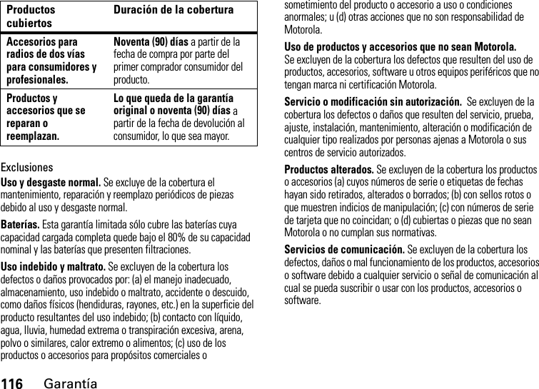 116GarantíaExclusionesUso y desgaste normal. Se excluye de la cobertura el mantenimiento, reparación y reemplazo periódicos de piezas debido al uso y desgaste normal.Baterías. Esta garantía limitada sólo cubre las baterías cuya capacidad cargada completa quede bajo el 80% de su capacidad nominal y las baterías que presenten filtraciones.Uso indebido y maltrato. Se excluyen de la cobertura los defectos o daños provocados por: (a) el manejo inadecuado, almacenamiento, uso indebido o maltrato, accidente o descuido, como daños físicos (hendiduras, rayones, etc.) en la superficie del producto resultantes del uso indebido; (b) contacto con líquido, agua, lluvia, humedad extrema o transpiración excesiva, arena, polvo o similares, calor extremo o alimentos; (c) uso de los productos o accesorios para propósitos comerciales o sometimiento del producto o accesorio a uso o condiciones anormales; u (d) otras acciones que no son responsabilidad de Motorola.Uso de productos y accesorios que no sean Motorola. Se excluyen de la cobertura los defectos que resulten del uso de productos, accesorios, software u otros equipos periféricos que no tengan marca ni certificación Motorola.Servicio o modificación sin autorización.  Se excluyen de la cobertura los defectos o daños que resulten del servicio, prueba, ajuste, instalación, mantenimiento, alteración o modificación de cualquier tipo realizados por personas ajenas a Motorola o sus centros de servicio autorizados.Productos alterados. Se excluyen de la cobertura los productos o accesorios (a) cuyos números de serie o etiquetas de fechas hayan sido retirados, alterados o borrados; (b) con sellos rotos o que muestren indicios de manipulación; (c) con números de serie de tarjeta que no coincidan; o (d) cubiertas o piezas que no sean Motorola o no cumplan sus normativas.Servicios de comunicación. Se excluyen de la cobertura los defectos, daños o mal funcionamiento de los productos, accesorios o software debido a cualquier servicio o señal de comunicación al cual se pueda suscribir o usar con los productos, accesorios o software.Accesorios para radios de dos vías para consumidores y profesionales.Noventa (90) días a partir de la fecha de compra por parte del primer comprador consumidor del producto.Productos y accesorios que se reparan o reemplazan.Lo que queda de la garantía original o noventa (90) días a partir de la fecha de devolución al consumidor, lo que sea mayor.Productos cubiertosDuración de la cobertura