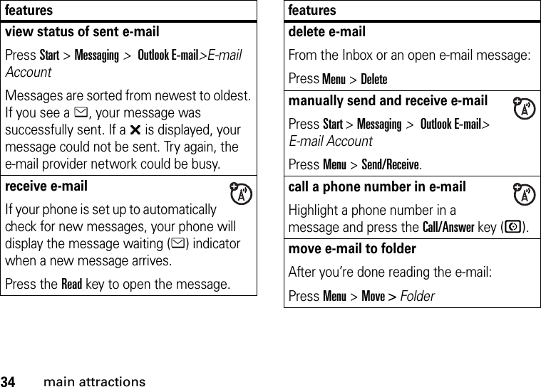 34main attractionsview status of sent e-mailPress Start &gt; Messaging &gt; Outlook E-mail&gt;E-mail AccountMessages are sorted from newest to oldest. If you see a e, your message was successfully sent. If a &gt; is displayed, your message could not be sent. Try again, the e-mail provider network could be busy.receive e-mailIf your phone is set up to automatically check for new messages, your phone will display the message waiting (e) indicator when a new message arrives.Press the Read key to open the message.featuresdelete e-mailFrom the Inbox or an open e-mail message:Press Menu &gt; Deletemanually send and receive e-mailPress Start &gt; Messaging &gt; Outlook E-mail&gt; E-mail AccountPress Menu &gt; Send/Receive. call a phone number in e-mailHighlight a phone number in a message and press the Call/Answer key (N).move e-mail to folderAfter you’re done reading the e-mail:Press Menu &gt; Move &gt; Folderfeatures