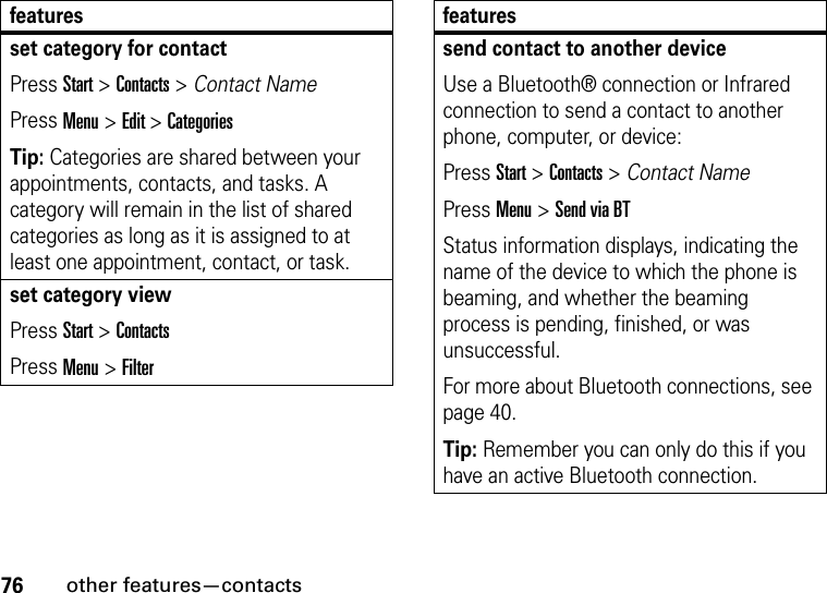 76other features—contactsset category for contactPress Start &gt; Contacts &gt; Contact NamePress Menu &gt; Edit &gt; CategoriesTip: Categories are shared between your appointments, contacts, and tasks. A category will remain in the list of shared categories as long as it is assigned to at least one appointment, contact, or task.set category viewPress Start &gt; Contacts Press Menu &gt; Filterfeaturessend contact to another deviceUse a Bluetooth® connection or Infrared connection to send a contact to another phone, computer, or device:Press Start &gt; Contacts &gt; Contact NamePress Menu &gt; Send via BTStatus information displays, indicating the name of the device to which the phone is beaming, and whether the beaming process is pending, finished, or was unsuccessful.For more about Bluetooth connections, see page 40.Tip: Remember you can only do this if you have an active Bluetooth connection.features