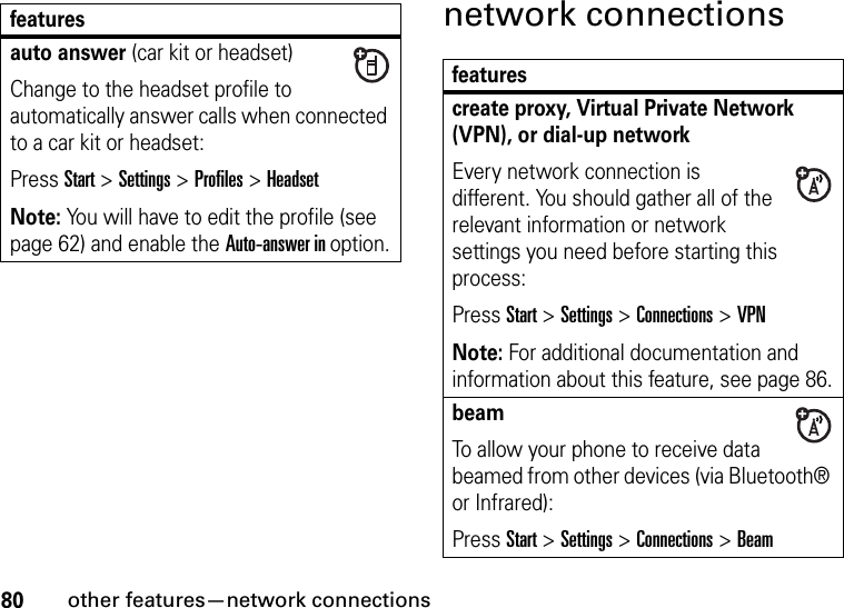 80other features—network connectionsnetwork connectionsauto answer (car kit or headset)Change to the headset profile to automatically answer calls when connected to a car kit or headset:Press Start &gt;Settings &gt;Profiles &gt; Headset Note: You will have to edit the profile (see page 62) and enable the Auto-answer in option.featuresfeaturescreate proxy, Virtual Private Network (VPN), or dial-up network Every network connection is different. You should gather all of the relevant information or network settings you need before starting this process:Press Start &gt;Settings &gt;Connections &gt; VPNNote: For additional documentation and information about this feature, see page 86.beam To allow your phone to receive data beamed from other devices (via Bluetooth® or Infrared):Press Start &gt;Settings &gt;Connections &gt; Beam 