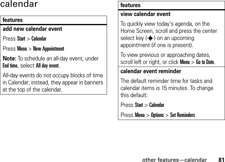 other features—calendar81calendarfeaturesadd new calendar event Press Start &gt;CalendarPress Menu &gt; New AppointmentNote: To schedule an all-day event, under End time, select All day event.All-day events do not occupy blocks of time in Calendar; instead, they appear in banners at the top of the calendar.view calendar eventTo quickly view today&apos;s agenda, on the Home Screen, scroll and press the center select key (s) on an upcoming appointment (if one is present).To view previous or approaching dates, scroll left or right, or click Menu &gt; Go to Date.calendar event reminder The default reminder time for tasks and calendar items is 15 minutes. To change this default:Press Start &gt; CalendarPress Menu &gt; Options &gt; Set Remindersfeatures