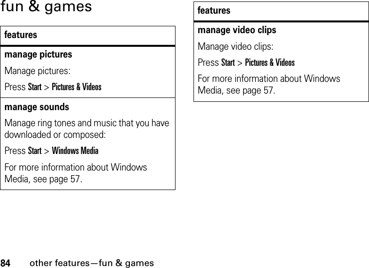 84other features—fun &amp; gamesfun &amp; gamesfeaturesmanage picturesManage pictures:Press Start &gt;Pictures &amp; Videosmanage soundsManage ring tones and music that you have downloaded or composed:Press Start &gt;Windows MediaFor more information about Windows Media, see page 57.manage video clipsManage video clips:Press Start &gt;Pictures &amp; VideosFor more information about Windows Media, see page 57.features