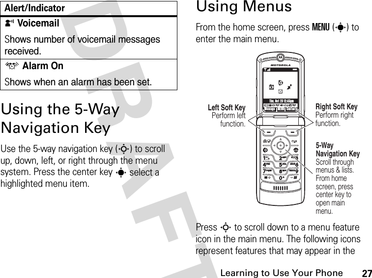 27Learning to Use Your Phone DRAFTUsing the 5-Way Navigation KeyUse the 5-way navigation key (S) to scroll up, down, left, or right through the menu system. Press the center key s select a highlighted menu item. Using MenusFrom the home screen, press MENU(s) to enter the main menu.Press S to scroll down to a menu feature icon in the main menu. The following icons represent features that may appear in the y VoicemailShows number of voicemail messages received.u Alarm OnShows when an alarm has been set.Alert/Indicator040128oLeft Soft Key Perform left function.5-Way Navigation Key Scroll through menus &amp; lists.From home screen, press center key to open main menu.Right Soft Key Perform right function. 78ruqsgxu1NMessage ContactsMENUThu, Oct 23 12:45pmBehL