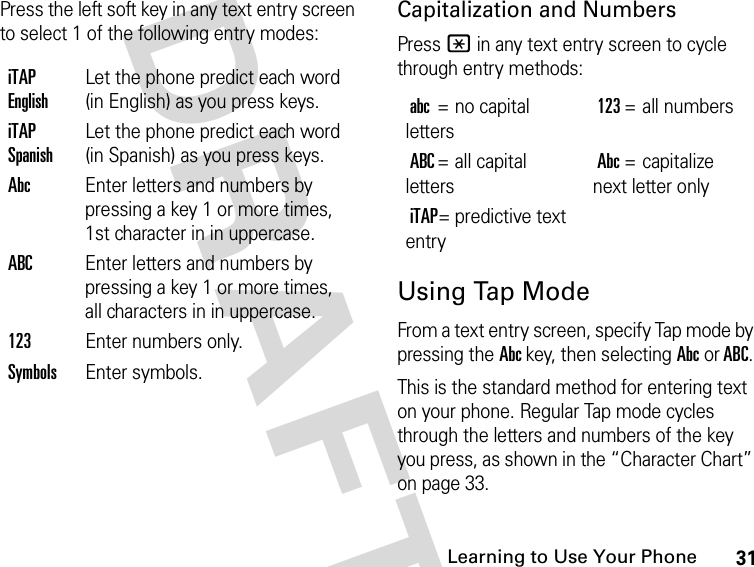 31Learning to Use Your Phone DRAFTPress the left soft key in any text entry screen to select 1 of the following entry modes:Capitalization and NumbersPress * in any text entry screen to cycle through entry methods:Using Tap ModeFrom a text entry screen, specify Tap mode by pressing the Abc key, then selecting Abc or ABC.This is the standard method for entering text on your phone. Regular Tap mode cycles through the letters and numbers of the key you press, as shown in the “Character Chart” on page 33.iTAP EnglishLet the phone predict each word (in English) as you press keys.iTAP SpanishLet the phone predict each word (in Spanish) as you press keys.Abc  Enter letters and numbers by pressing a key 1 or more times, 1st character in in uppercase.ABC  Enter letters and numbers by pressing a key 1 or more times, all characters in in uppercase.123Enter numbers only.Symbols Enter symbols.abc=no capital letters123= all numbersABC=all capital lettersAbc= capitalize next letter onlyiTAP= predictive text entry