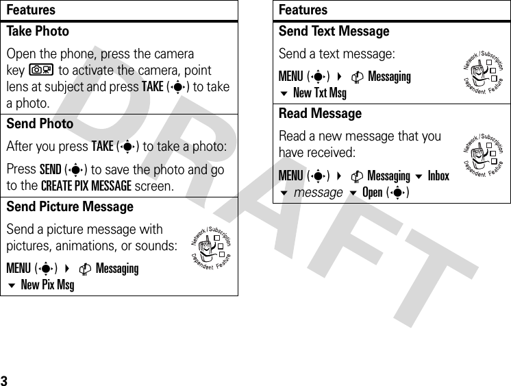 3Take Photo Open the phone, press the camera keyb to activate the camera, point lens at subject and press TAKE(s) to take a photo.Send Photo After you press TAKE(s) to take a photo:Press SEND(s) to save the photo and go to the CREATE PIX MESSAGE screen.Send Picture MessageSend a picture message with pictures, animations, or sounds:MENU(s) CMessaging New Pix MsgFeatures032380oSend Text MessageSend a text message:MENU(s) CMessaging New Txt MsgRead Message Read a new message that you have received:MENU(s) CMessaging Inbox message Open (s)Features032380o032380o