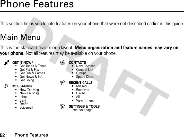 52Phone FeaturesPhone FeaturesThis section helps you locate features on your phone that were not described earlier in this guide.Main MenuThis is the standard main menu layout. Menu organization and feature names may vary on your phone. Not all features may be available on your phone.BGET IT NOW*• Get Tunes &amp; Tones• Get Pix &amp; Flix• Get Fun &amp; Games• Get News &amp; Info•Get GoingCMESSAGING•New Txt Msg•New Pix Msg• Inbox•Sent•Drafts•VoicemailECONTACTS• New Contact• Contact List• Groups• Speed DialsARECENT CALLS• Missed• Received• Dialed•All•View Timers DSETTINGS &amp; TOOLS(see next page)