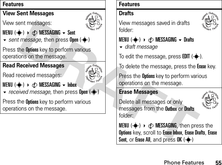 55Phone FeaturesView Sent Messages View sent messages:MENU(s) CMESSAGINGSentsent message, then press Open(s)Press the Options key to perform various operations on the message.Read Received Messages Read received messages:MENU(s) CMESSAGING Inbox received message, then press Open(s)Press the Options key to perform various operations on the message.Features032380o032380oDrafts View messages saved in drafts folder:MENU(s) CMESSAGING Drafts draft messageTo edit the message, press EDIT(s).To delete the message, press the Erase key.Press the Options key to perform various operations on the message.Erase MessagesDelete all messages or only messages from the Outbox or Drafts folder:MENU(s) CMESSAGING, then press the Options key, scroll to Erase Inbox, Erase Drafts, Erase Sent, or Erase All, and press OK(s)Features032380o032380o