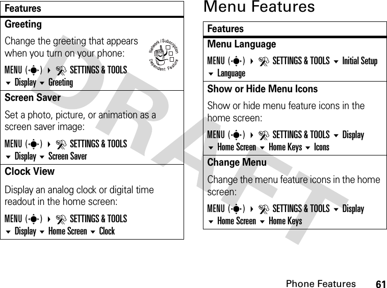 61Phone FeaturesMenu FeaturesGreeting Change the greeting that appears when you turn on your phone:MENU(s) DSETTINGS &amp; TOOLSDisplayGreetingScreen SaverSet a photo, picture, or animation as a screen saver image:MENU(s) DSETTINGS &amp; TOOLSDisplayScreen SaverClock ViewDisplay an analog clock or digital time readout in the home screen:MENU(s) DSETTINGS &amp; TOOLSDisplayHome Screen  ClockFeatures032380oFeaturesMenu LanguageMENU(s) DSETTINGS &amp; TOOLS Initial Setup LanguageShow or Hide Menu IconsShow or hide menu feature icons in the home screen:MENU(s) DSETTINGS &amp; TOOLS Display Home Screen Home Keys IconsChange MenuChange the menu feature icons in the home screen:MENU(s) DSETTINGS &amp; TOOLS Display Home Screen Home Keys