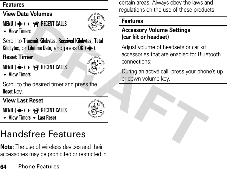 64Phone FeaturesHandsfree FeaturesNote: The use of wireless devices and their accessories may be prohibited or restricted in certain areas. Always obey the laws and regulations on the use of these products. View Data Volumes MENU(s) ARECENT CALLSView TimersScroll to Transmit Kilobytes, Received Kilobytes, Total Kilobytes, or Lifetime Data, and press OK(s).Reset TimerMENU(s) ARECENT CALLS View TimersScroll to the desired timer and press the Reset key.View Last ResetMENU(s) ARECENT CALLSView TimersLast ResetFeatures032380o032380o032380oFeaturesAccessory Volume Settings(car kit or headset)Adjust volume of headsets or car kit accessories that are enabled for Bluetooth connections:During an active call, press your phone’s up or down volume key.