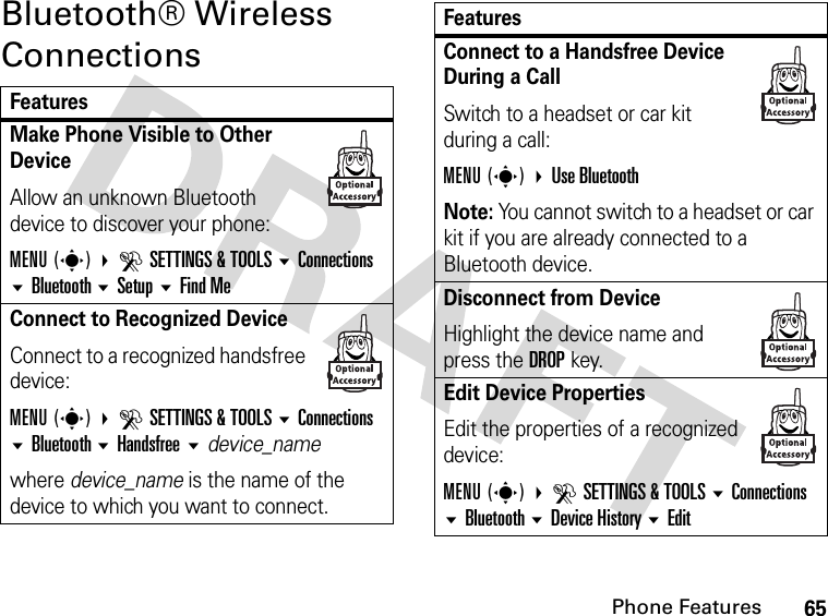 65Phone FeaturesBluetooth® Wireless ConnectionsFeaturesMake Phone Visible to Other DeviceAllow an unknown Bluetooth device to discover your phone:MENU(s) DSETTINGS &amp; TOOLS Connections Bluetooth Setup Find MeConnect to Recognized DeviceConnect to a recognized handsfree device:MENU(s) DSETTINGS &amp; TOOLS Connections Bluetooth Handsfree device_namewhere device_name is the name of the device to which you want to connect.Connect to a Handsfree Device During a CallSwitch to a headset or car kit during a call:MENU(s) Use BluetoothNote: You cannot switch to a headset or car kit if you are already connected to a Bluetooth device.Disconnect from DeviceHighlight the device name and press the DROP key.Edit Device PropertiesEdit the properties of a recognized device:MENU(s) DSETTINGS &amp; TOOLS Connections Bluetooth Device History EditFeatures