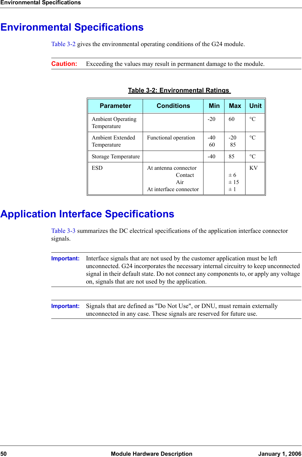 Environmental Specifications50  Module Hardware Description January 1, 2006Environmental SpecificationsTable 3-2 gives the environmental operating conditions of the G24 module. Caution: Exceeding the values may result in permanent damage to the module.Application Interface SpecificationsTable 3-3 summarizes the DC electrical specifications of the application interface connector signals.Important: Interface signals that are not used by the customer application must be left unconnected. G24 incorporates the necessary internal circuitry to keep unconnected signal in their default state. Do not connect any components to, or apply any voltage on, signals that are not used by the application.Important: Signals that are defined as &quot;Do Not Use&quot;, or DNU, must remain externally unconnected in any case. These signals are reserved for future use.Table 3-2: Environmental RatingsParameter Conditions Min Max UnitAmbient Operating Temperature-20 60 °CAmbient Extended TemperatureFunctional operation -40 60-20 85°CStorage Temperature -40 85 °CESD At antenna connector                    Contact                    AirAt interface connector± 6± 15± 1KV